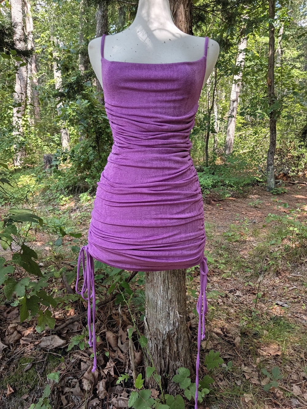Kittenish Lavender Ruched Spaghetti-Strap Mini Dress